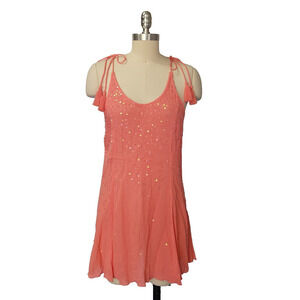 Free People Seeking Sequins Mini Slip Dress Size S Coral Pink Tassels Gauze